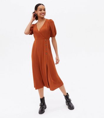 Rust Herringbone Button Side Midi Wrap Dress | New Look